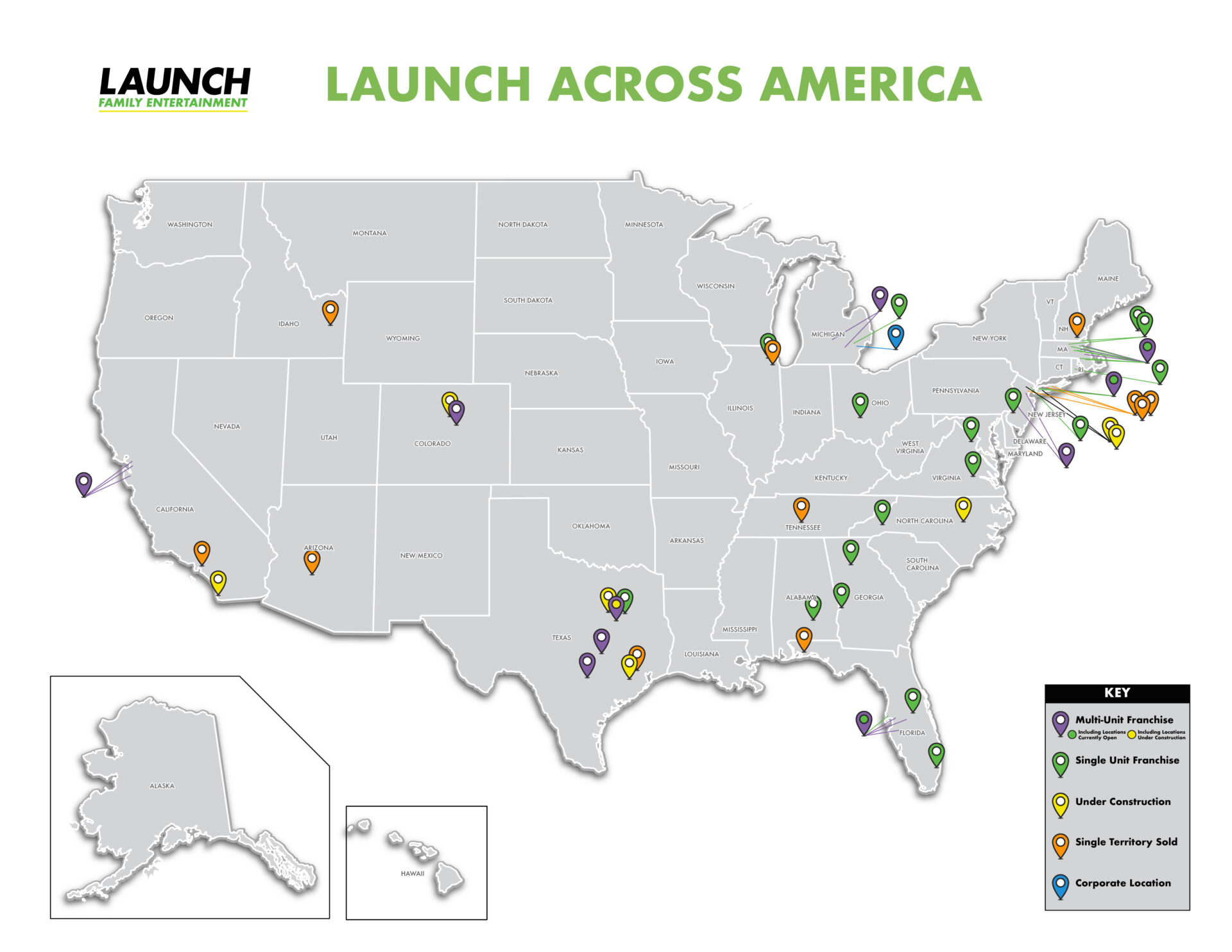 Launch Family Entertainment Franchise location map. 