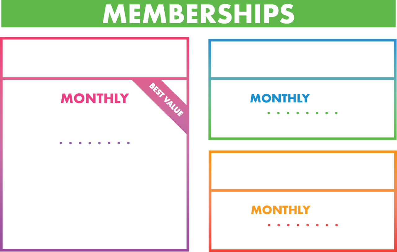 Memberships.
Premier: Monthly $33.33:2 hours of jump per day
Unlimited Laser Tag Games
20% off Krave Café
20% off Arcade
20% off Annual Birthday Package.

Standard: Monthly $24.99: 2 Hours of jump per day.

Laser tag: Monthly: $12.49: Unlimited Laser Tag Games.
